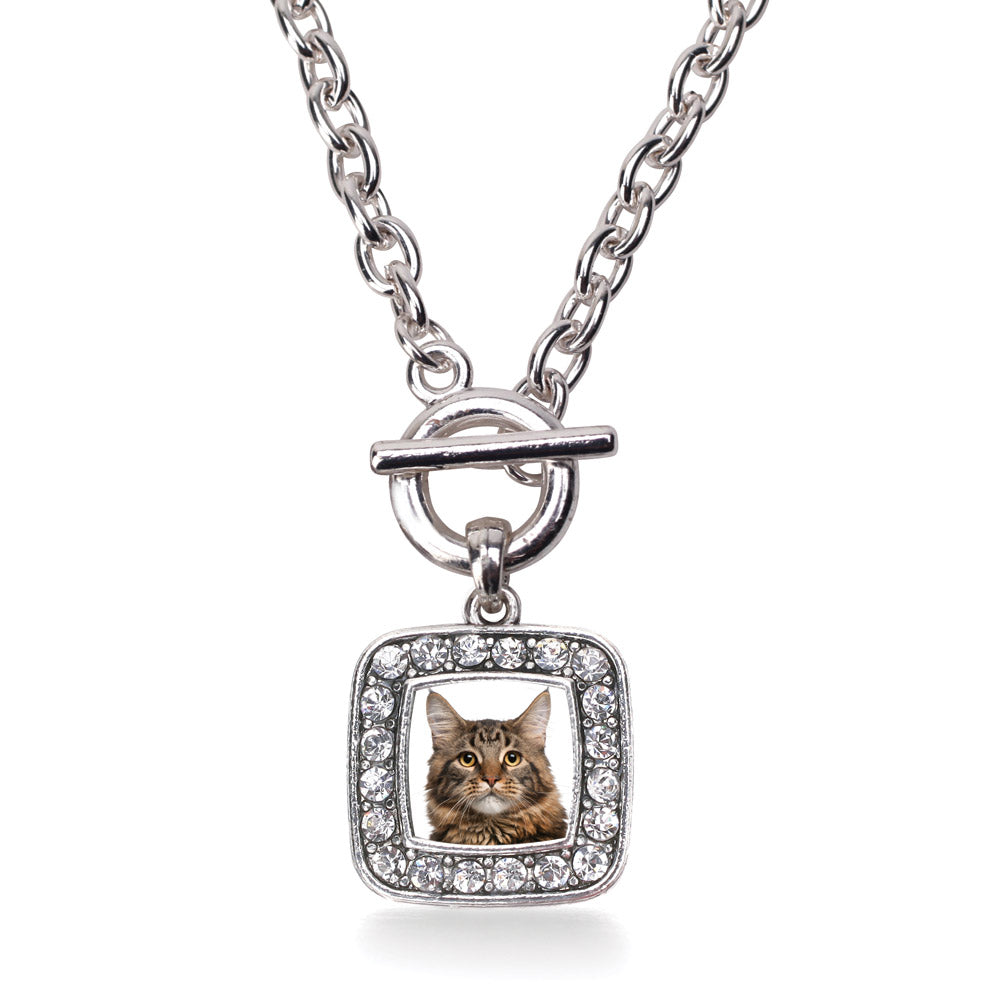 Silver Maine Coon Cat Square Charm Toggle Necklace