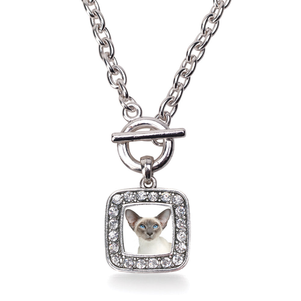 Silver Oriental Cat Square Charm Toggle Necklace