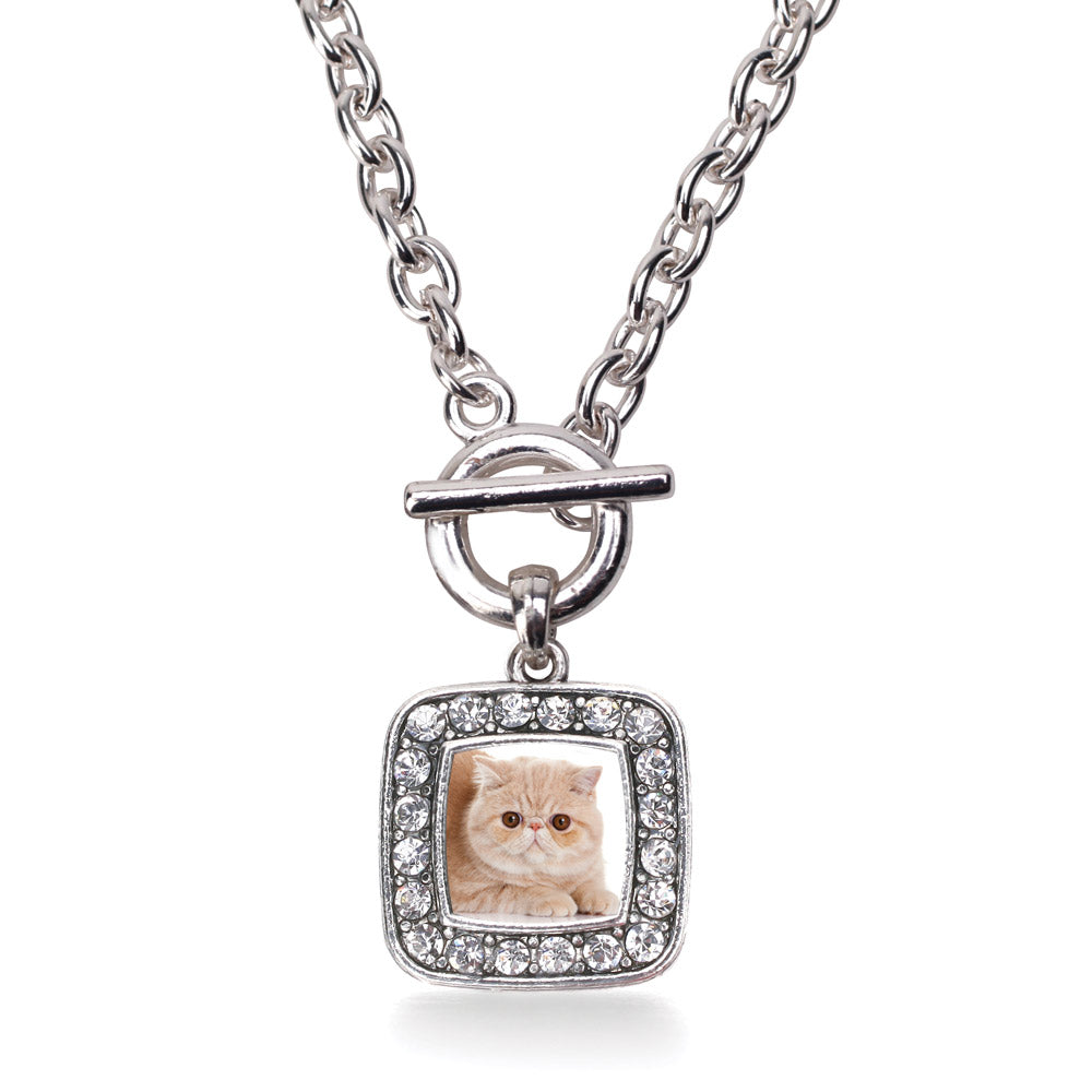 Silver Persian Cat Square Charm Toggle Necklace