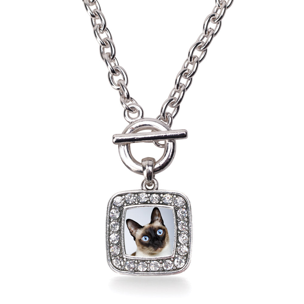 Silver Siamese Cat Square Charm Toggle Necklace
