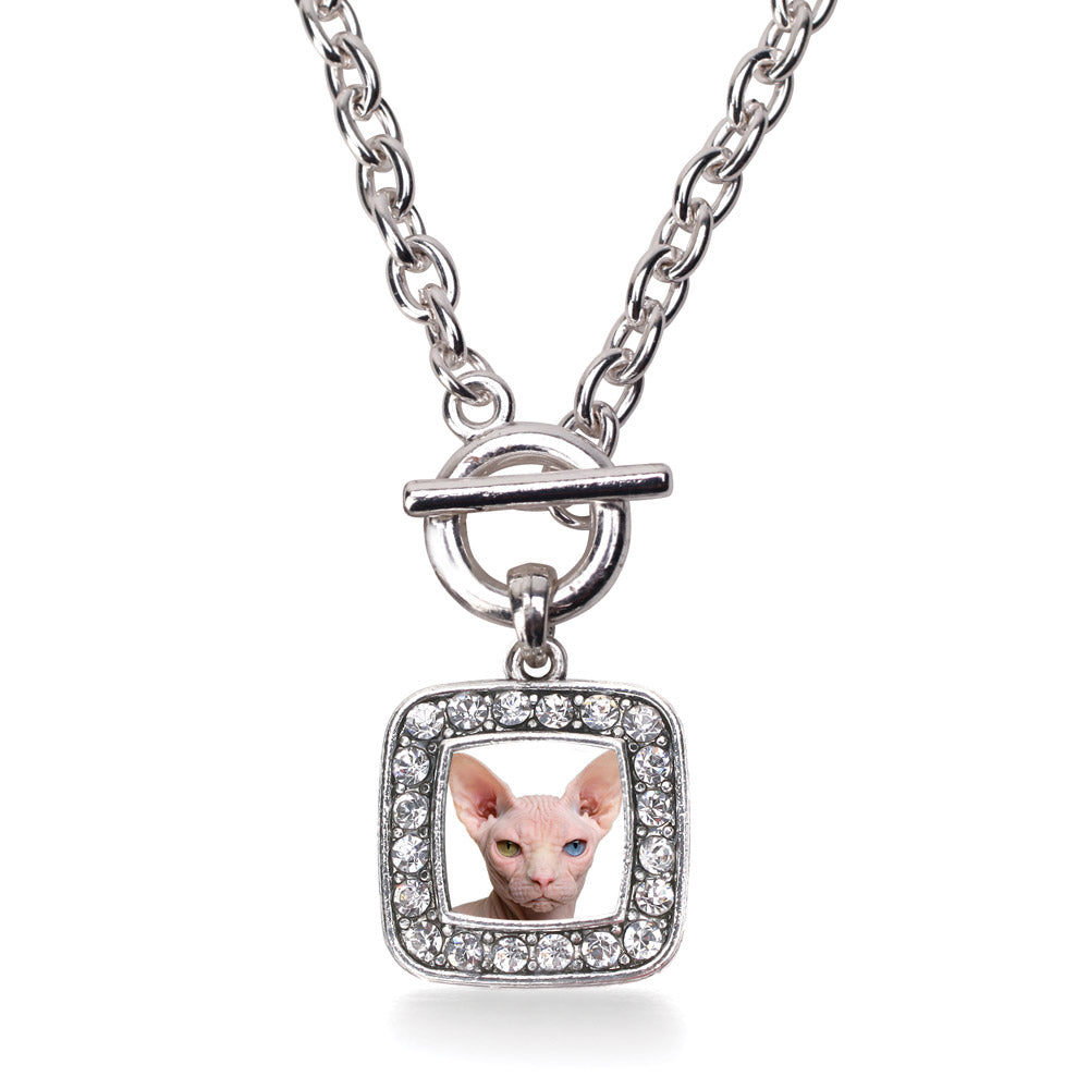 Silver Sphinx Cat Square Charm Toggle Necklace