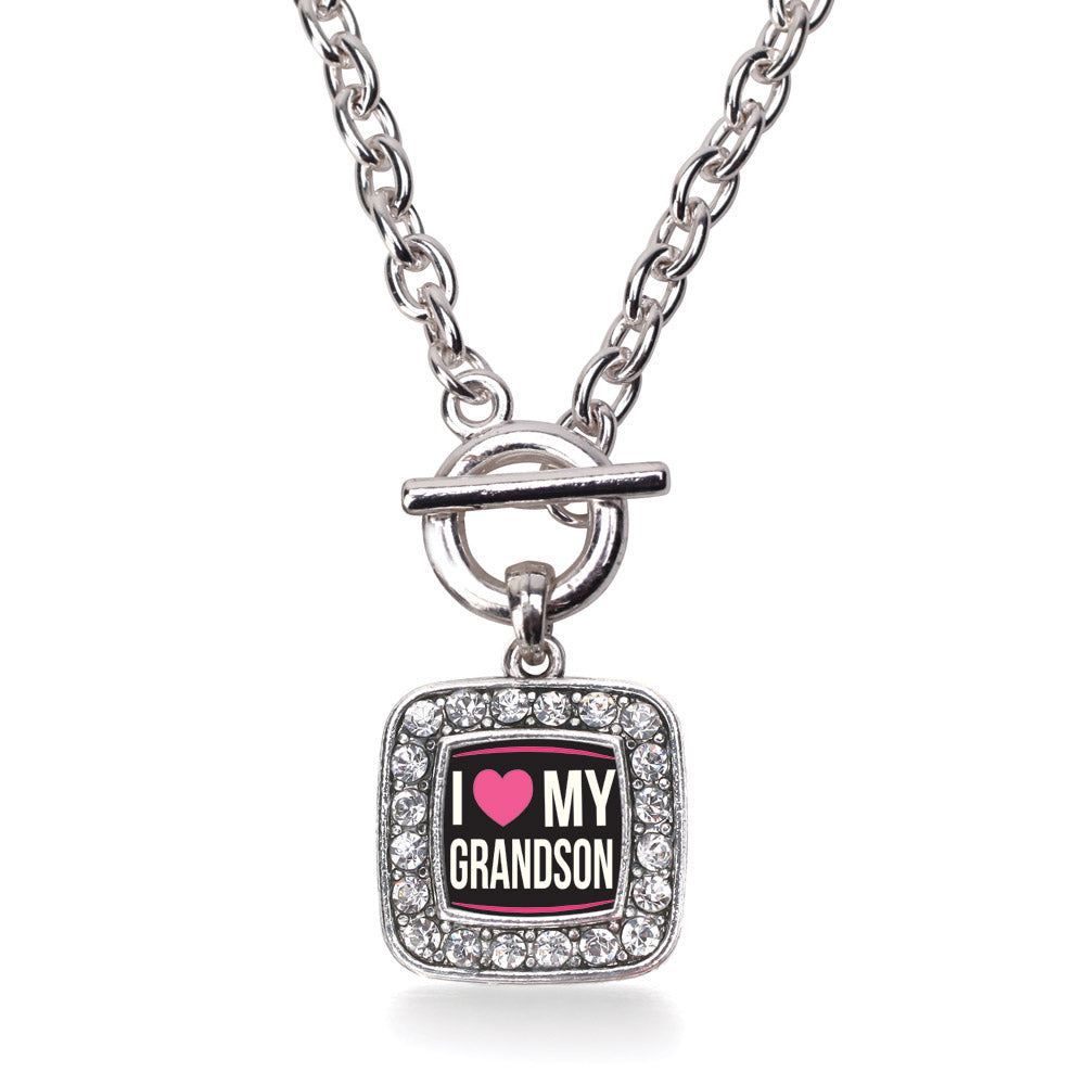 Silver I Love my Grandson Square Charm Toggle Necklace