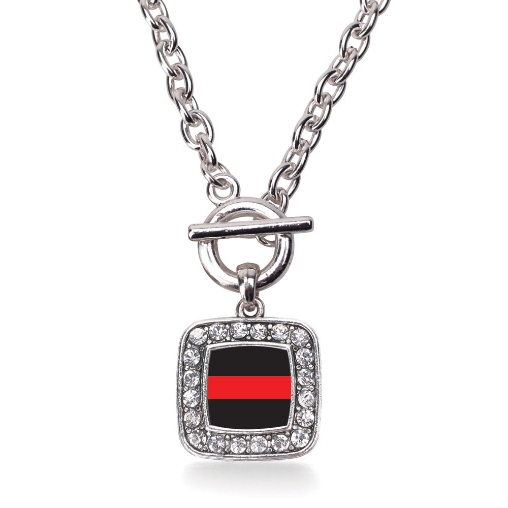 Silver Thin Red Line Fire Department Support Square Charm Toggle Necklace