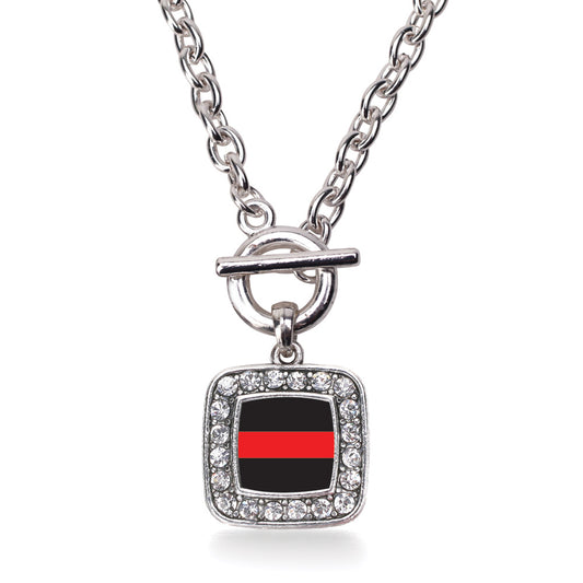 Silver Thin Red Line Fire Department Support Square Charm Toggle Necklace