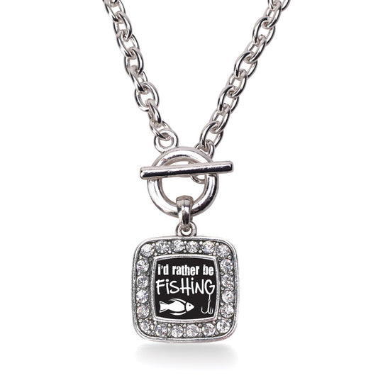 Silver I'd Rather Be Fishing Square Charm Toggle Necklace