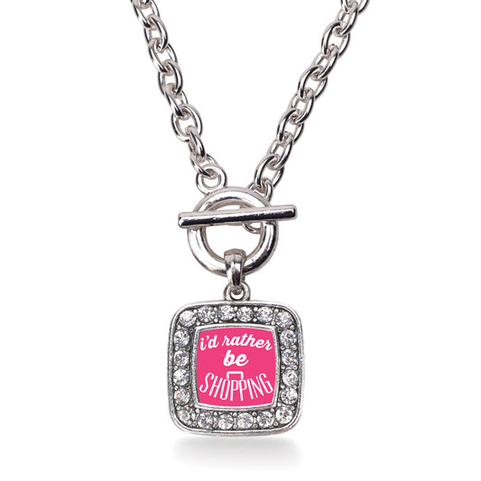 Silver I'd Rather Be Shopping Square Charm Toggle Necklace