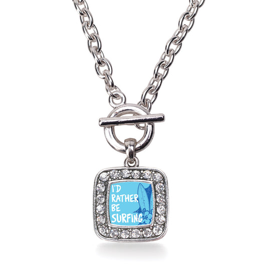 Silver I'd Rather Be Surfing Square Charm Toggle Necklace