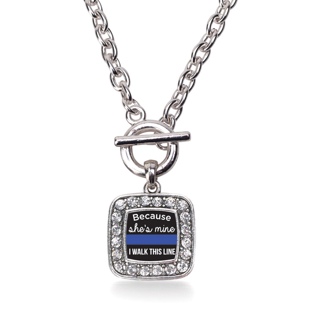 Silver Because She's Mine Blue Line Square Charm Toggle Necklace