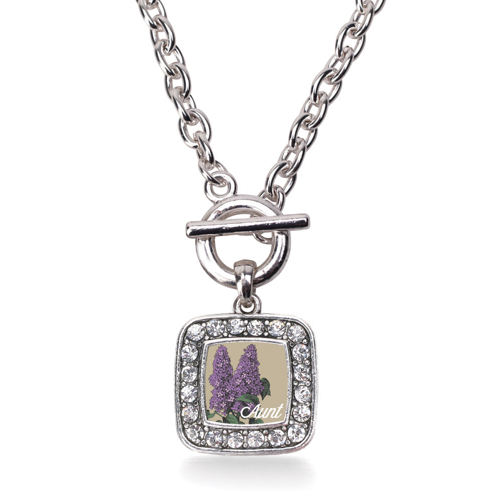 Silver Aunt Lilac Flower Square Charm Toggle Necklace