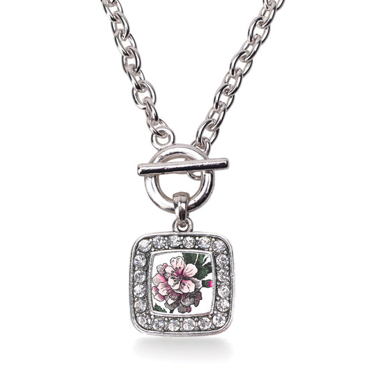 Silver Apple Blossom Square Charm Toggle Necklace