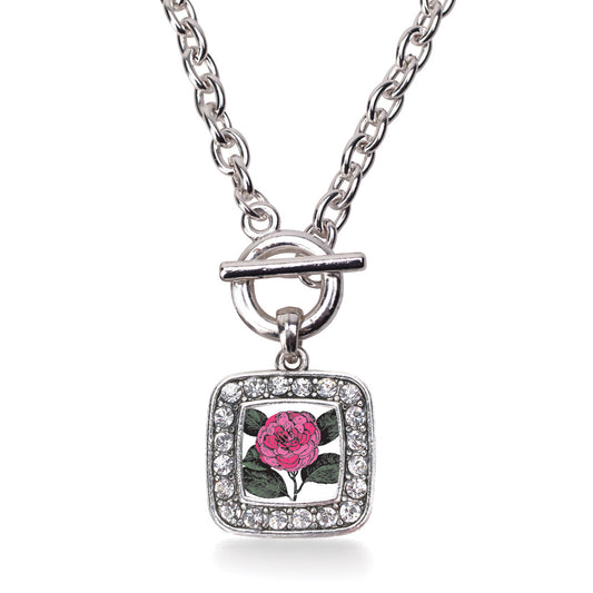 Silver Camelia Flower Square Charm Toggle Necklace