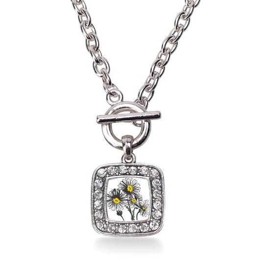 Silver Daisy Flower Square Charm Toggle Necklace