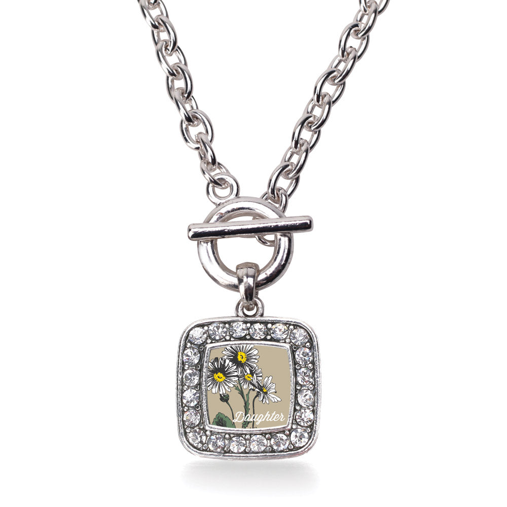 Silver Daughter Daisy Flower Square Charm Toggle Necklace