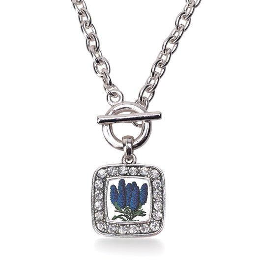 Silver Delphinium Flower Square Charm Toggle Necklace