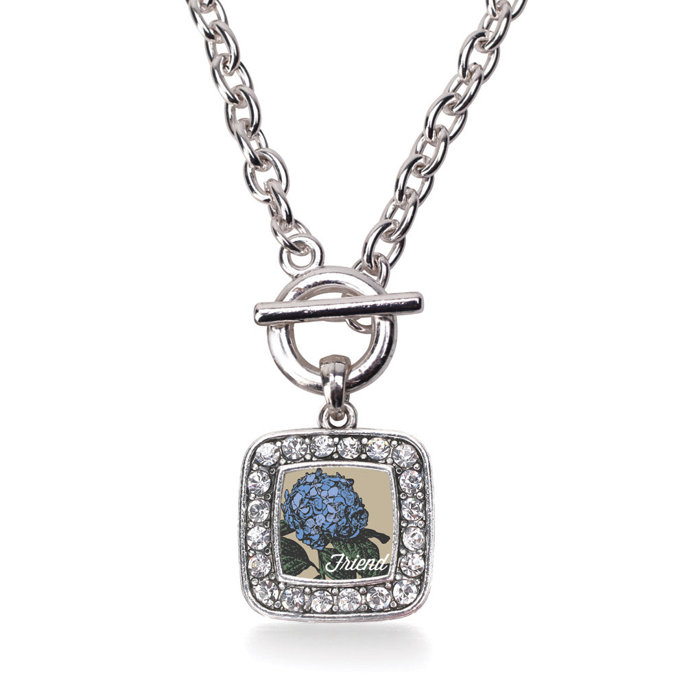 Silver Friend Hydrangea Flower Square Charm Toggle Necklace