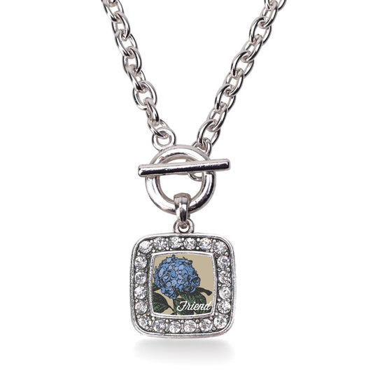 Silver Friend Hydrangea Flower Square Charm Toggle Necklace