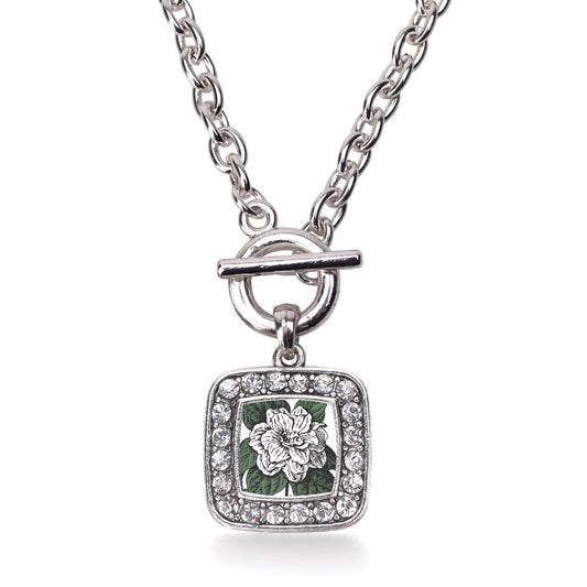 Silver Gardenia Flower Square Charm Toggle Necklace