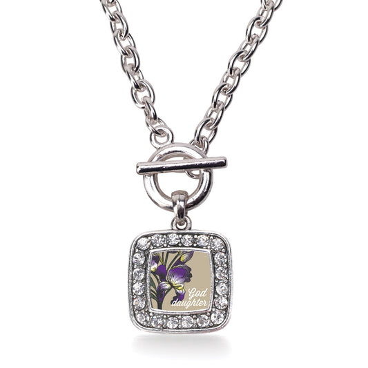 Silver God Daughter Iris Flower Square Charm Toggle Necklace