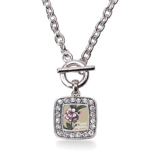 Silver Granddaughter Apple Blossom Flower Square Charm Toggle Necklace
