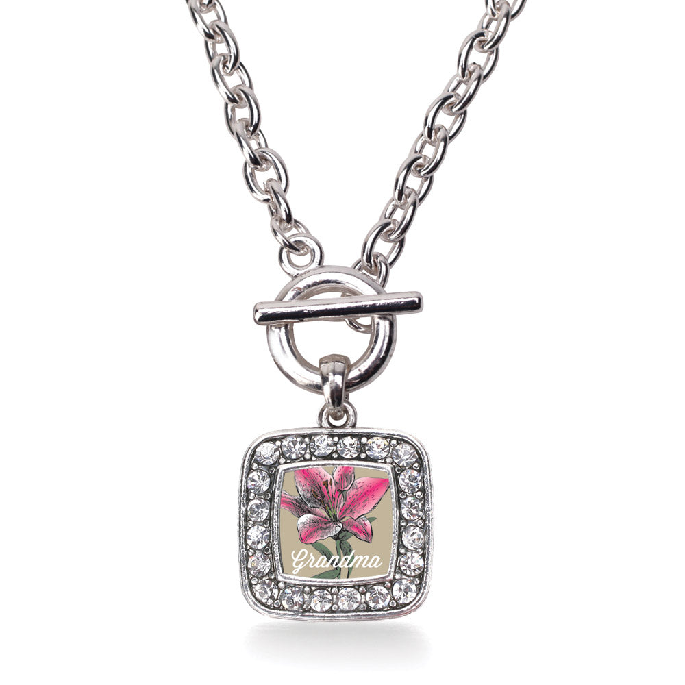 Silver Grandma Lily Flower Square Charm Toggle Necklace