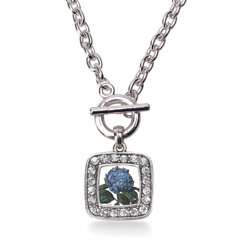 Silver Hydrangea Flower Square Charm Toggle Necklace