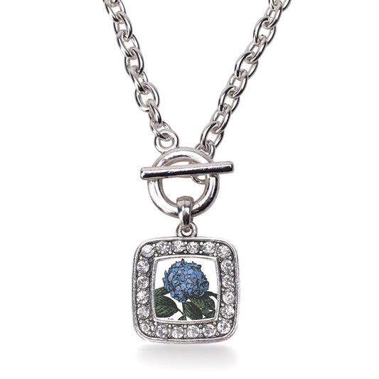 Silver Hydrangea Flower Square Charm Toggle Necklace