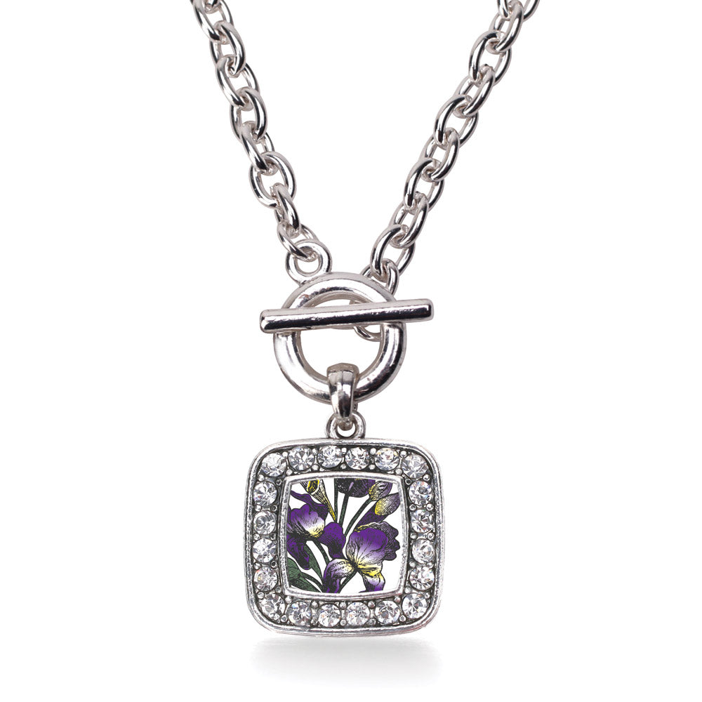 Silver Iris Flower Square Charm Toggle Necklace