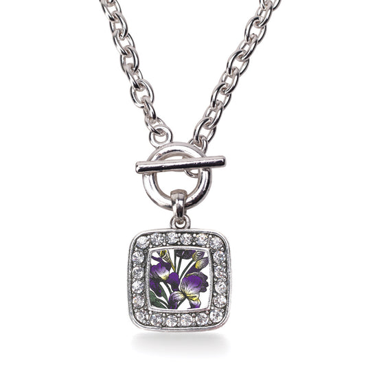 Silver Iris Flower Square Charm Toggle Necklace