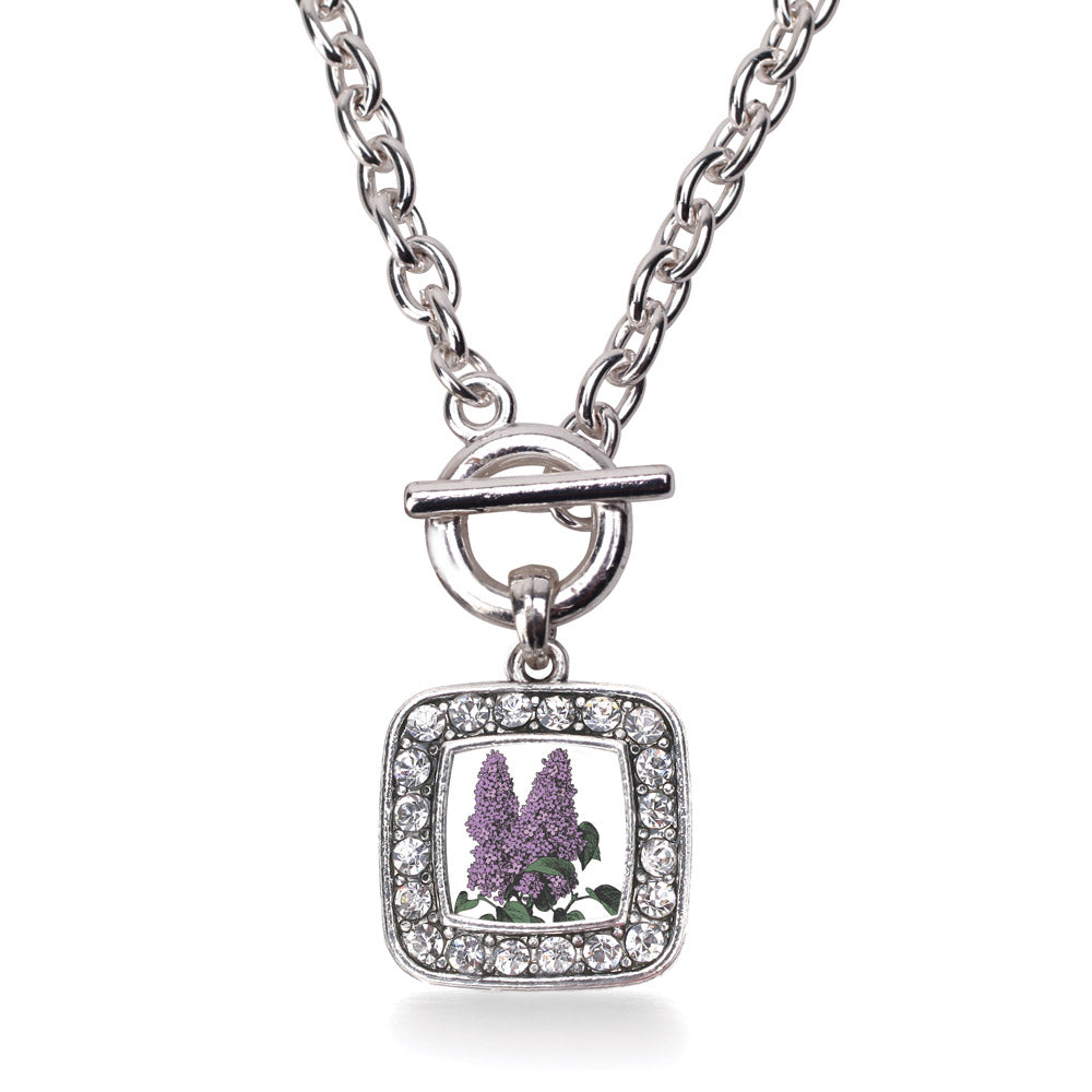 Silver Lilac Flower Square Charm Toggle Necklace