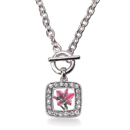 Silver Lily Flower Square Charm Toggle Necklace