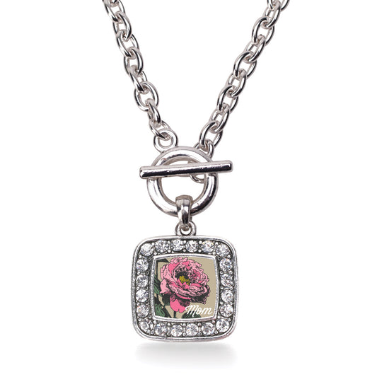 Silver Mom Peony Flower Square Charm Toggle Necklace