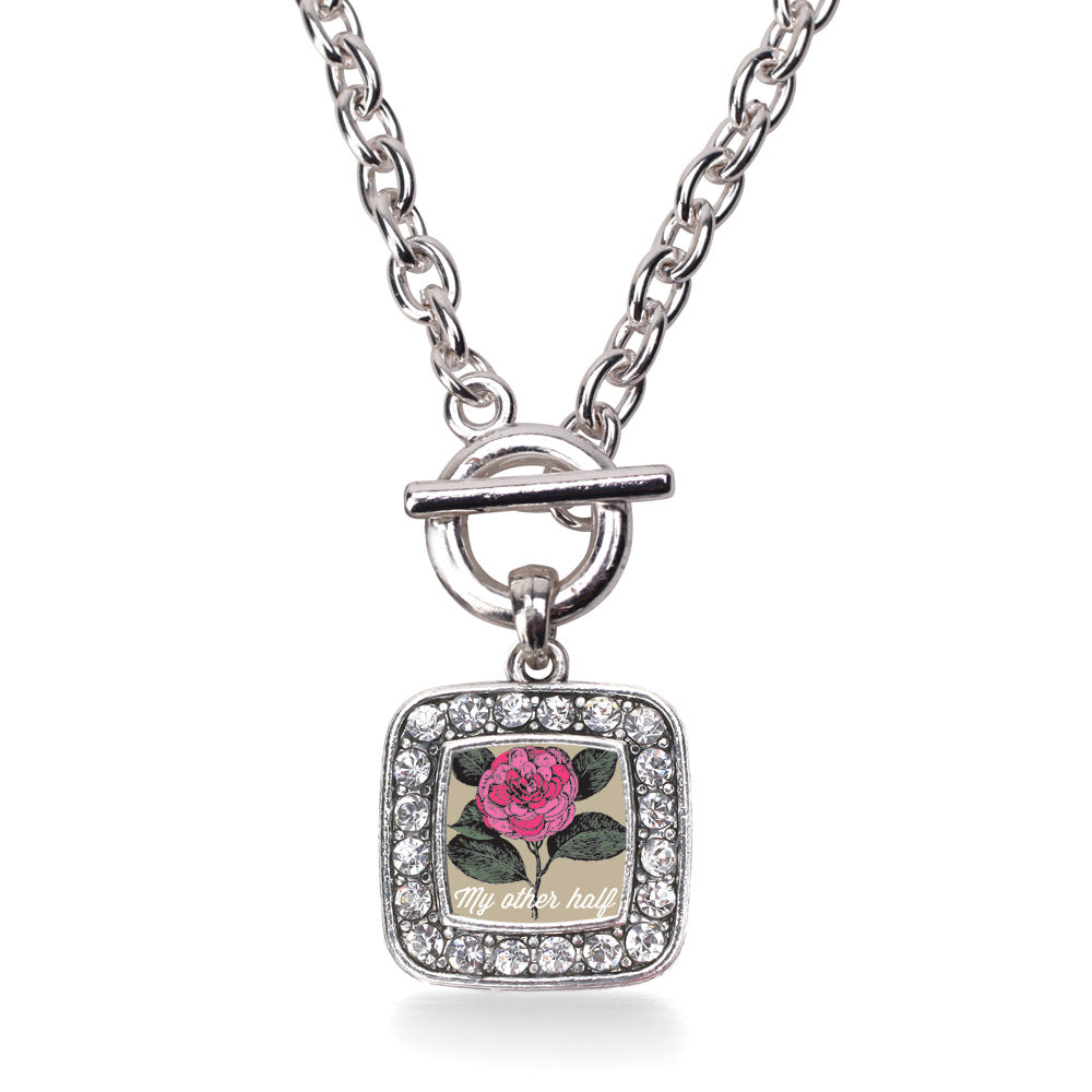 Silver My Other Half Camellia Flower Square Charm Toggle Necklace