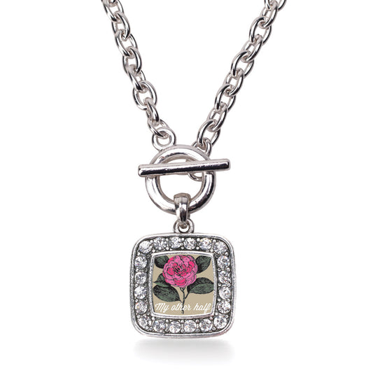 Silver My Other Half Camellia Flower Square Charm Toggle Necklace