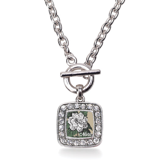 Silver Nana Gardenia Flower Square Charm Toggle Necklace