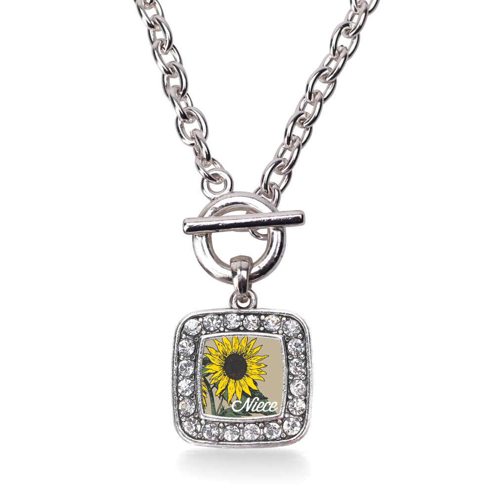 Silver Niece Sunflower Square Charm Toggle Necklace