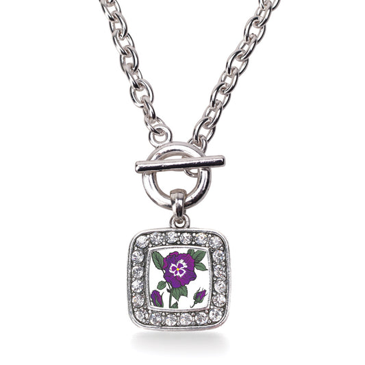 Silver Pansy Flower Square Charm Toggle Necklace