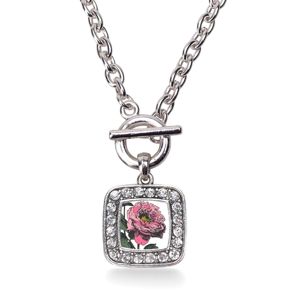 Silver Peony Flower Square Charm Toggle Necklace