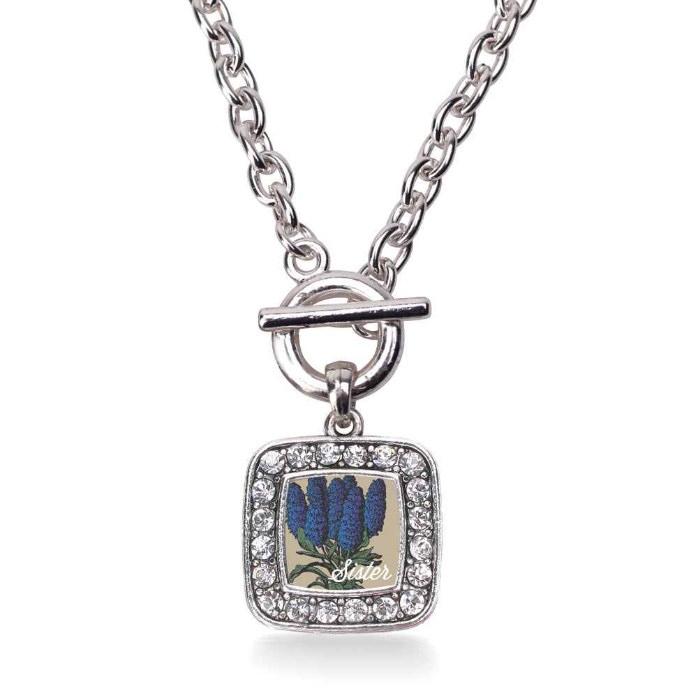 Silver Sister Delphinium Flower Square Charm Toggle Necklace