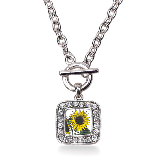 Silver Sunflower Square Charm Toggle Necklace