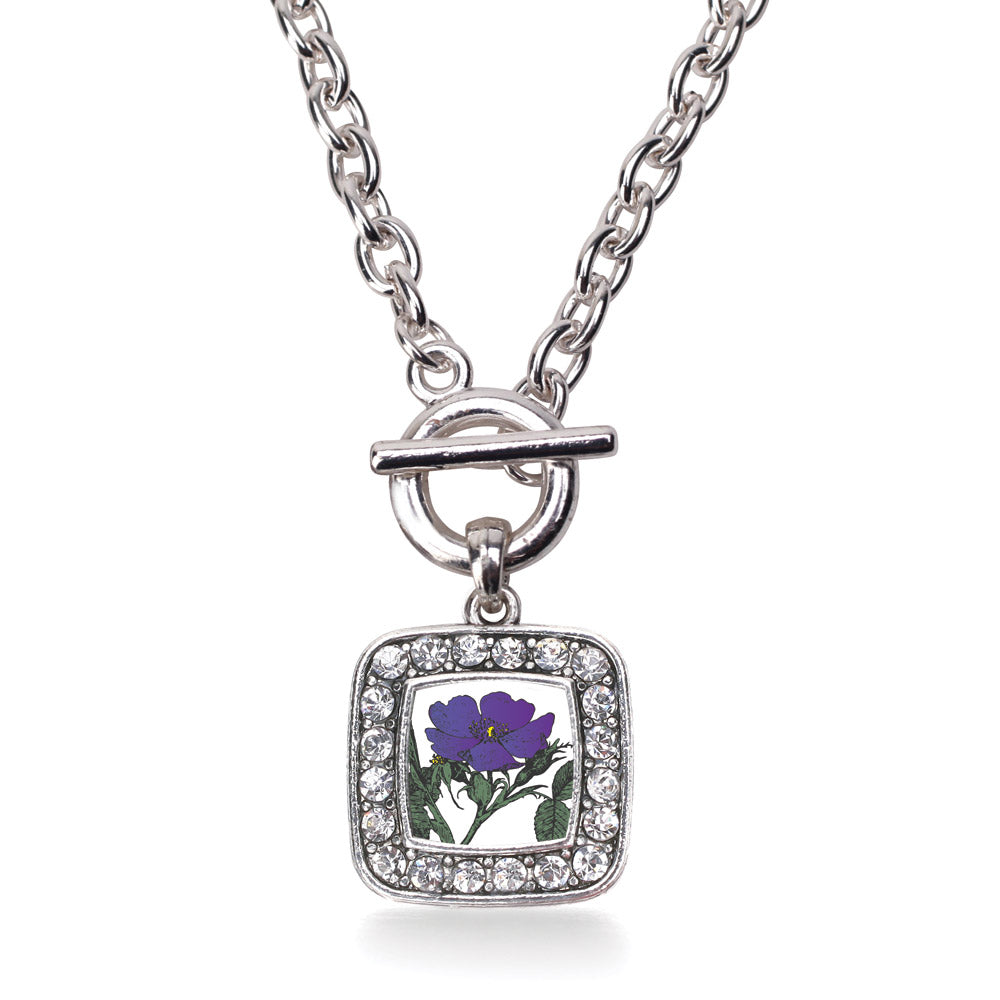 Silver Violet Flower Square Charm Toggle Necklace