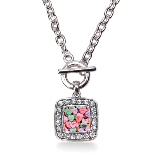 Silver Candy Hearts Square Charm Toggle Necklace