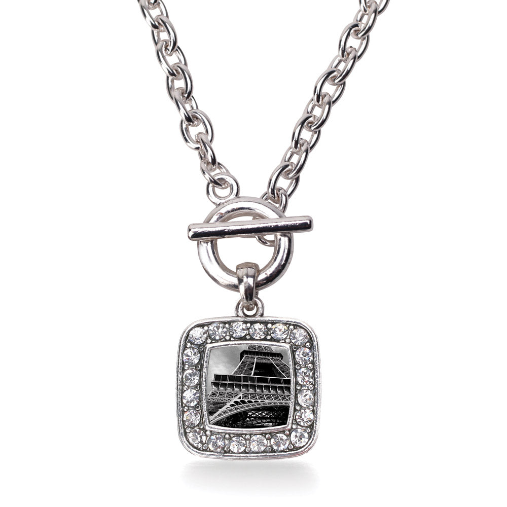Silver Black and Grey Eiffel Tower Square Charm Toggle Necklace