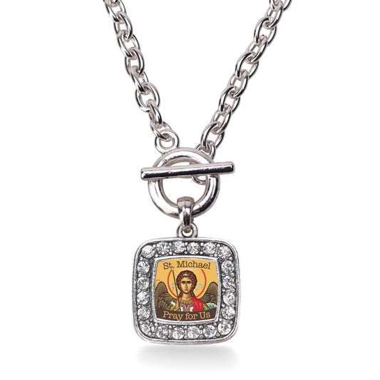 Silver St. Michael Square Charm Toggle Necklace