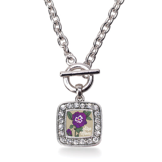 Silver Step Mom Pansy Square Charm Toggle Necklace