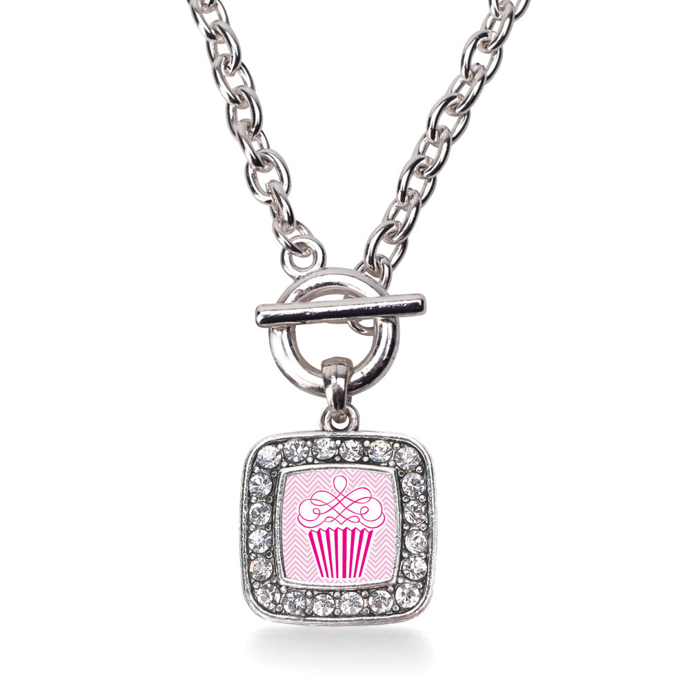 Silver Pink Chevron Cupcake Square Charm Toggle Necklace