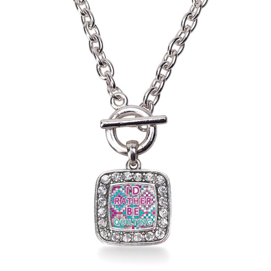 Silver I'd Rather Be Quilting Square Charm Toggle Necklace