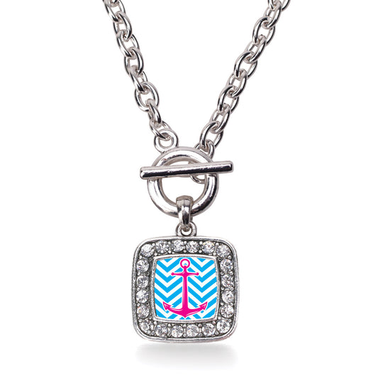 Silver Blue Chevron Pink Anchor Square Charm Toggle Necklace