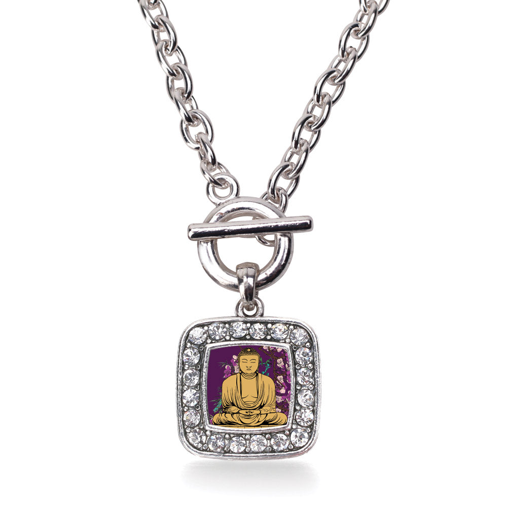 Silver Buddha And Cherry Blossoms Square Charm Toggle Necklace