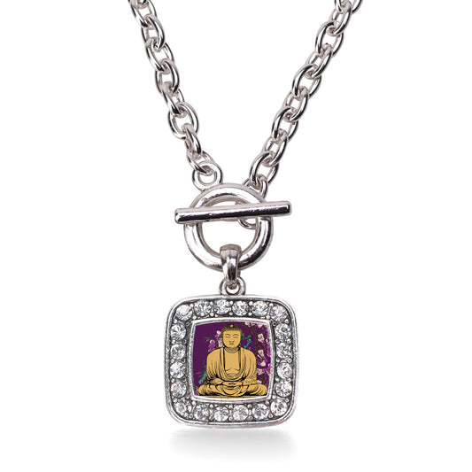 Silver Buddha And Cherry Blossoms Square Charm Toggle Necklace