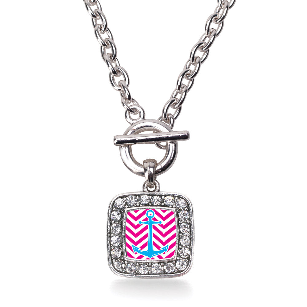 Silver Pink Chevron Blue Anchor Square Charm Toggle Necklace